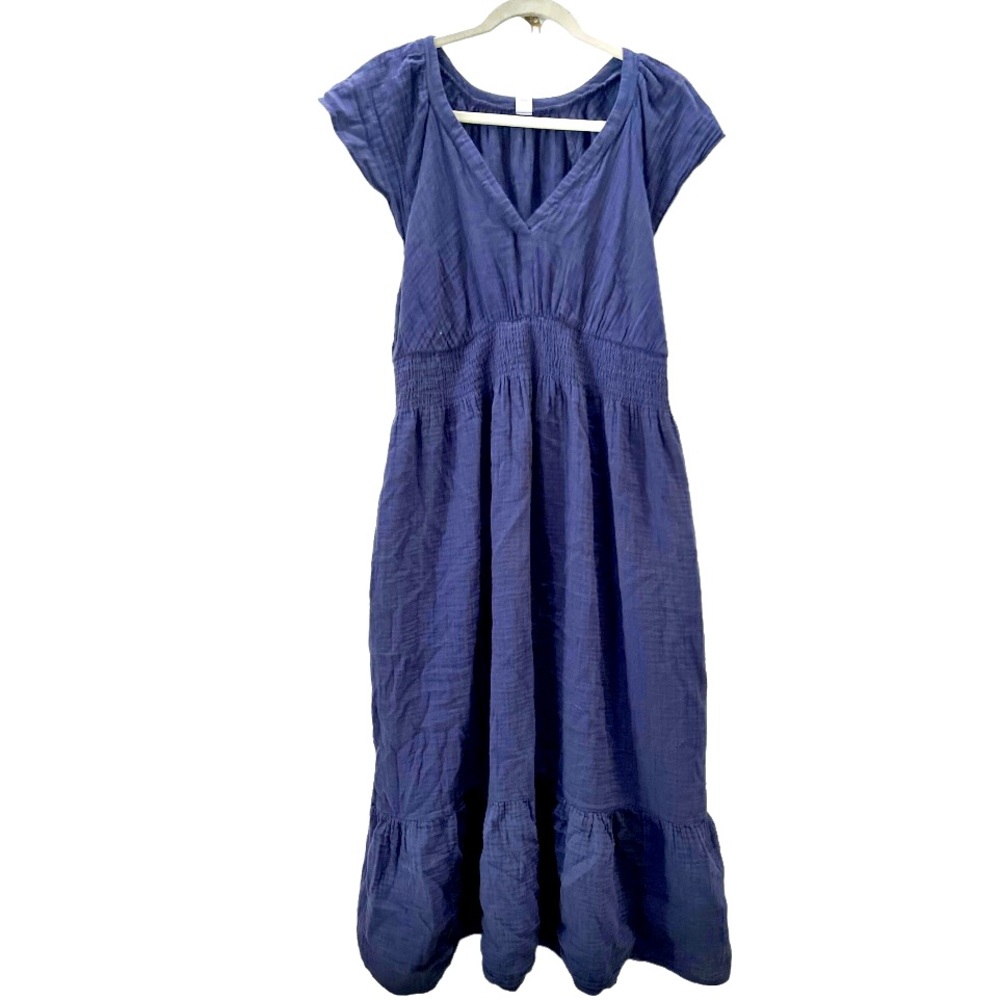 Old Navy Blue Plunge V-Neck Gauzy Ruffle Shoulder Cap Sleeve Tiered Maxi Dress L